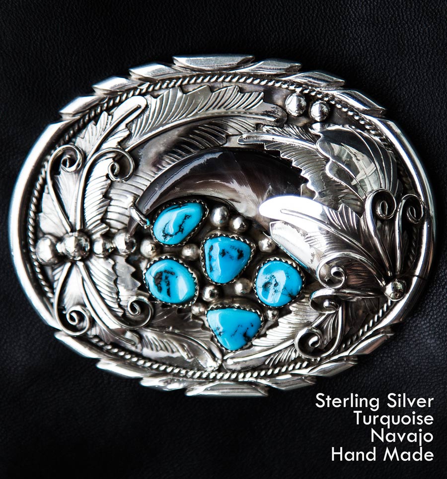 画像: ナバホ シルバー&ターコイズ ベアクロウ ベルト バックル/Navajo Sterling Silver Turquoise Belt Buckle