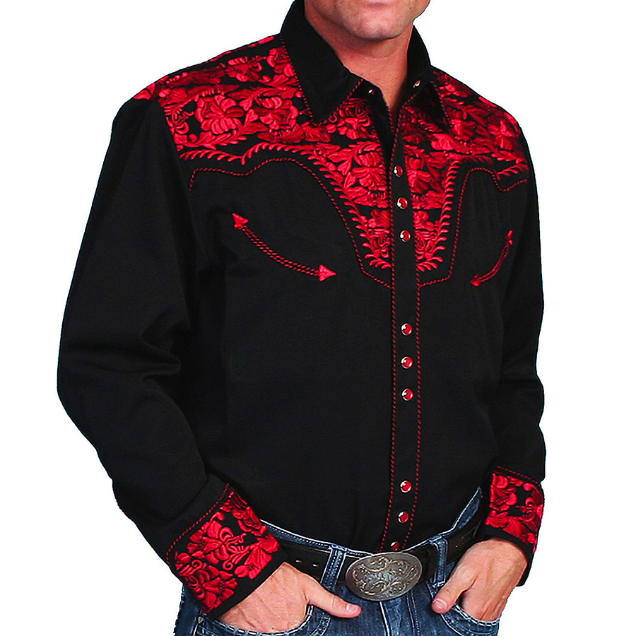 画像: スカリー ウエスタン 刺繍シャツ（長袖/ブラック・クリムゾン）/Scully Long Sleeve Embroidered Western Shirt(Men's)