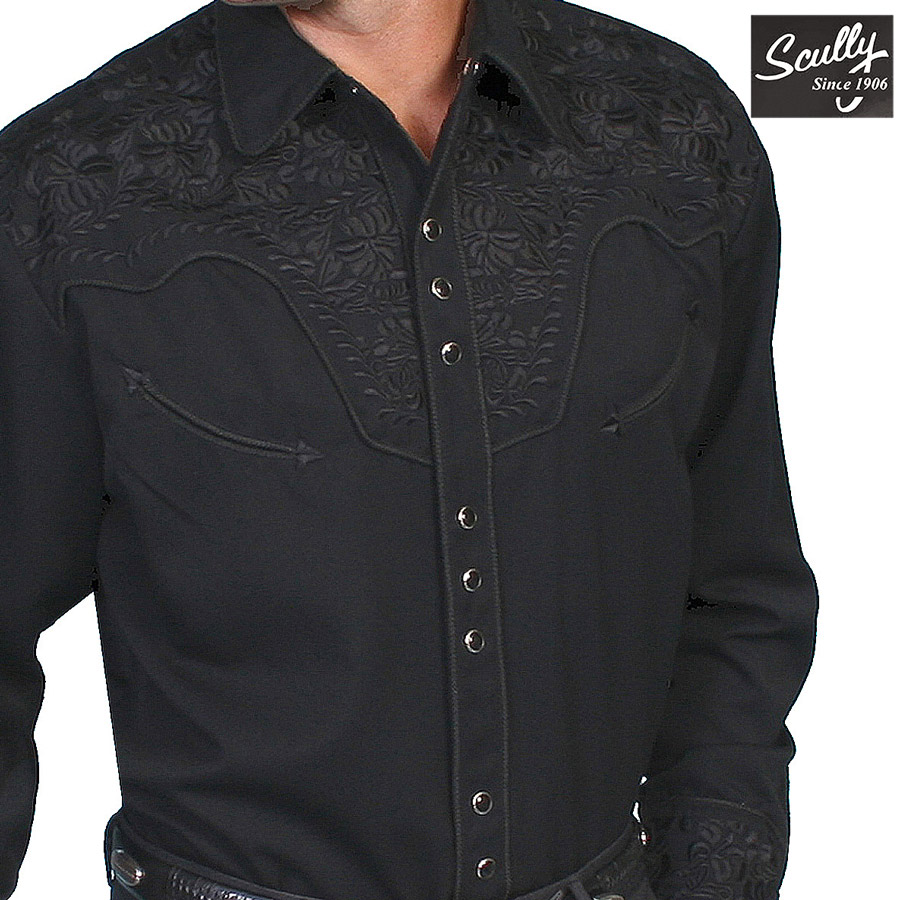 画像1: スカリー ブラック&ブラック刺繍 ウエスタン シャツ（長袖/ブラック）/Scully Long Sleeve Embroidered Western Shirt(Men's)