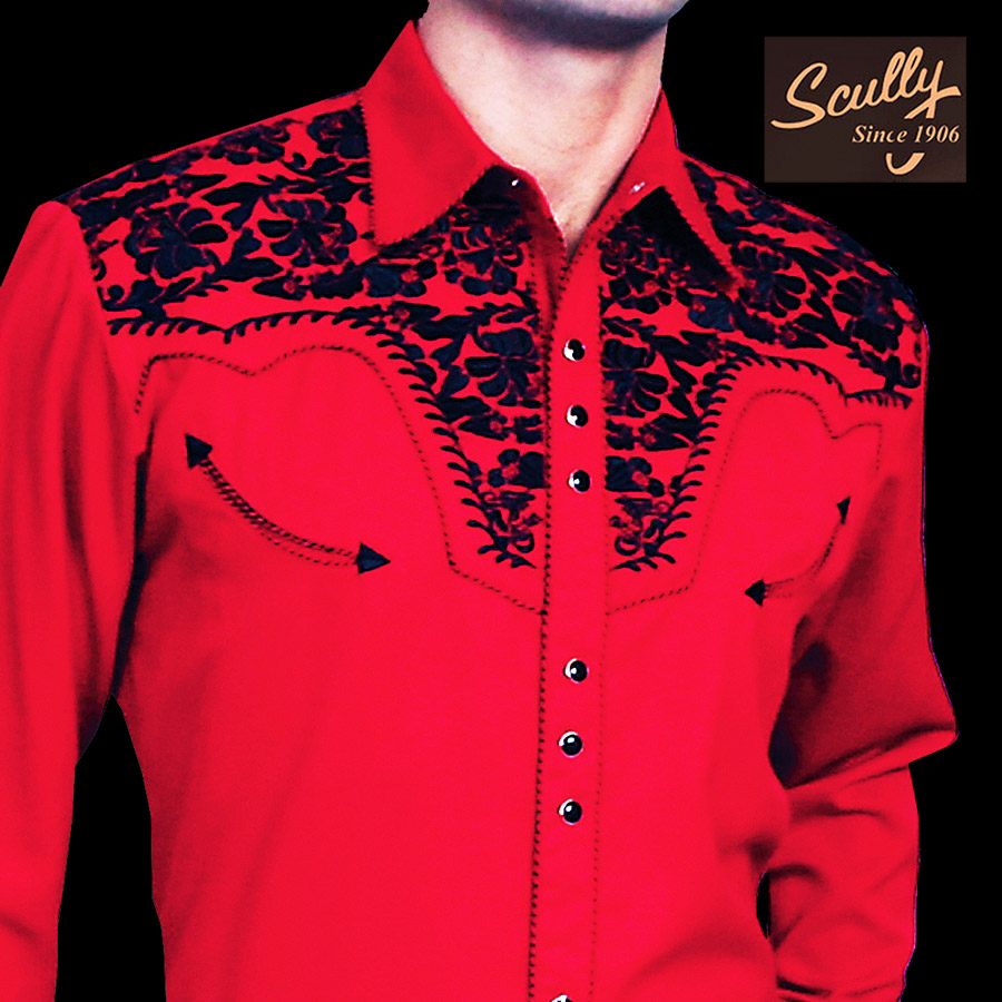 画像1: スカリー ウエスタン 刺繍 シャツ（長袖/レッド・ブラック）/Scully Long Sleeve Embroidered Western Shirt(Men's)
