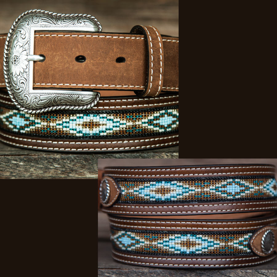 画像1: ノコナ ビーズ レザーベルト（ブラウン）/Nocona Western Belt(Brown)