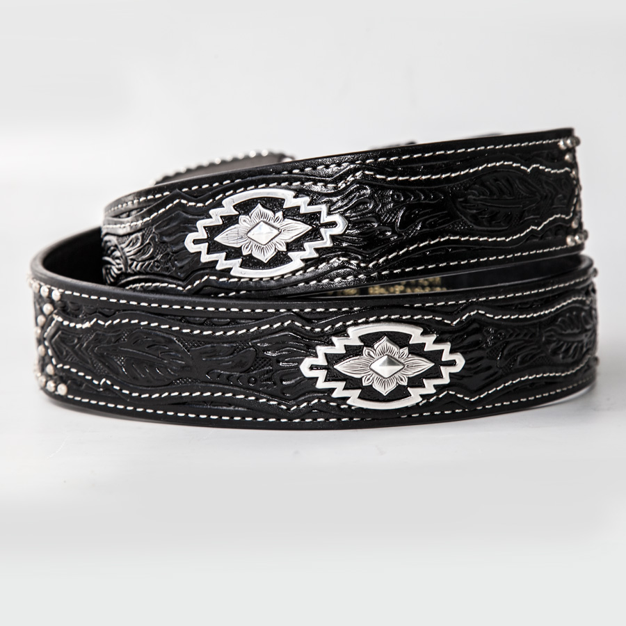 画像: アリアット ウエスタン ベルト ハンドクラフト ブラックレザー &シルバー アズテックコンチョ/Ariat Western Leather Belt(Black/Silver)