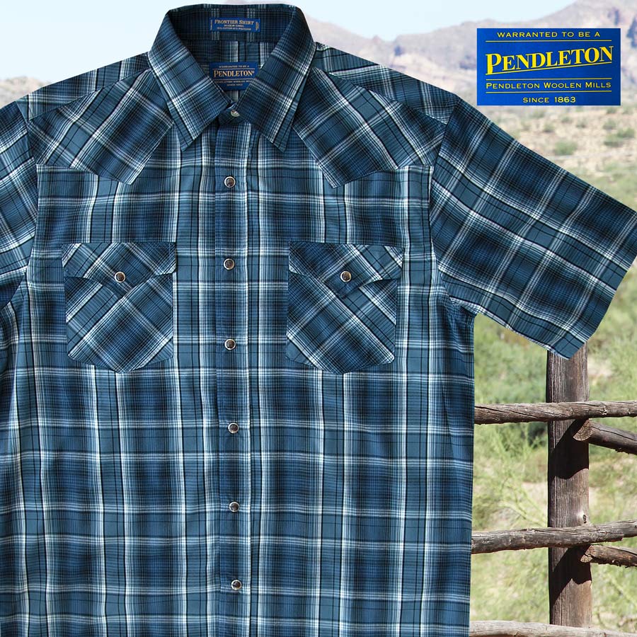 画像: ペンドルトン 半袖 ウエスタン シャツ ブルー・ホワイトプラッドM/Pendleton Short Sleeve Western Shirt