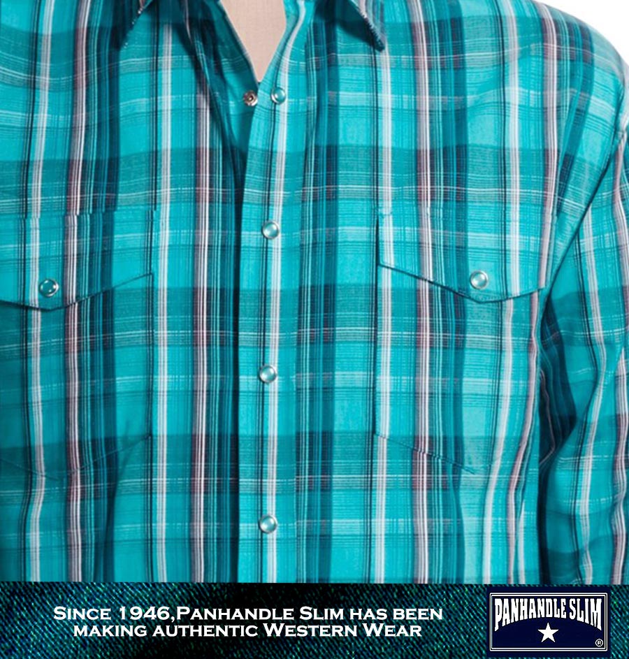 画像: パンハンドルスリム ウエスタンシャツ・ターコイズ xブラック 大きいサイズ（長袖）L（身幅61cm）XL（身幅65cm）/Panhandle Slim Long Sleeve Western Shirt(Turquoise/Black)