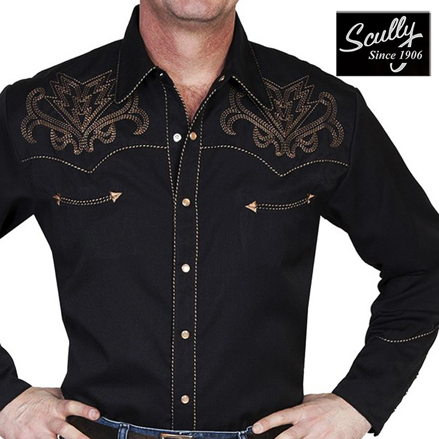 画像: スカリー ウエスタン刺繍シャツ アローブーツステッチ（長袖/ブラック）大きいサイズ L（身幅約63cm）/Scully Long Sleeve Embroidered Western Shirt(Men's)