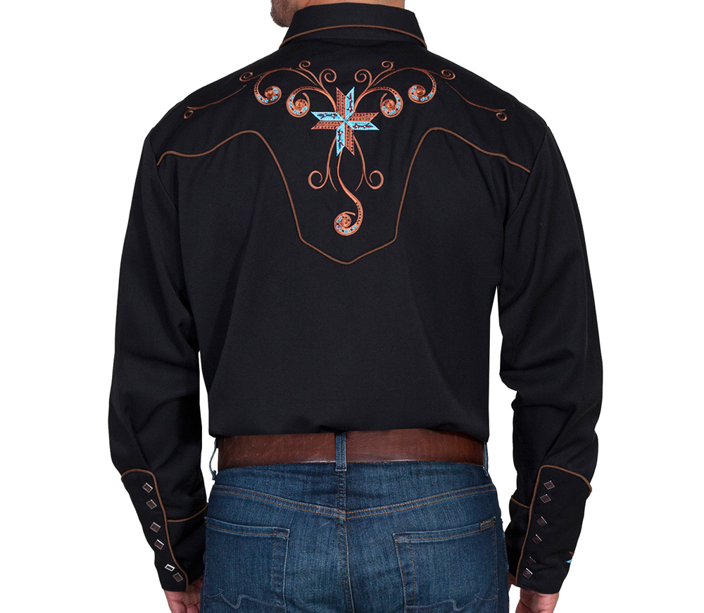 画像: スカリー スクロール&クロス刺繍 ウエスタンシャツ（長袖/ブラック）/Scully Long Sleeve Embroidered Western Shirt(Men's)