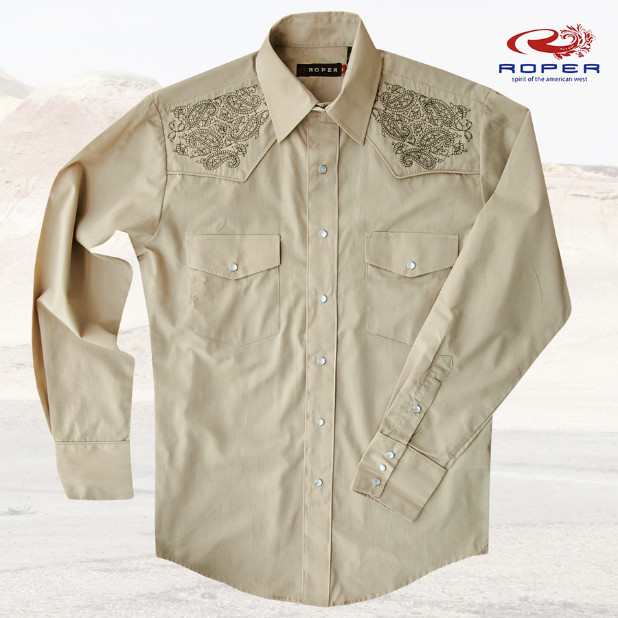 画像1: ローパー 刺繍 ウエスタンシャツ タン（長袖）大きいサイズ L（身幅約61cm）/Roper Long Sleeve Western Shirt