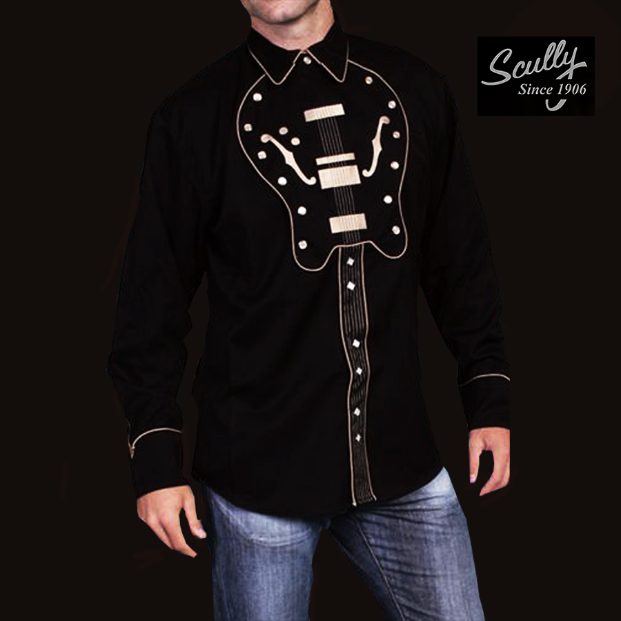 画像: スカリー ウエスタン 刺繍 シャツ ギター（長袖/ブラック）S（身幅約55cm）XL（身幅約67cm）/Scully Long Sleeve Embroidered Western Shirt