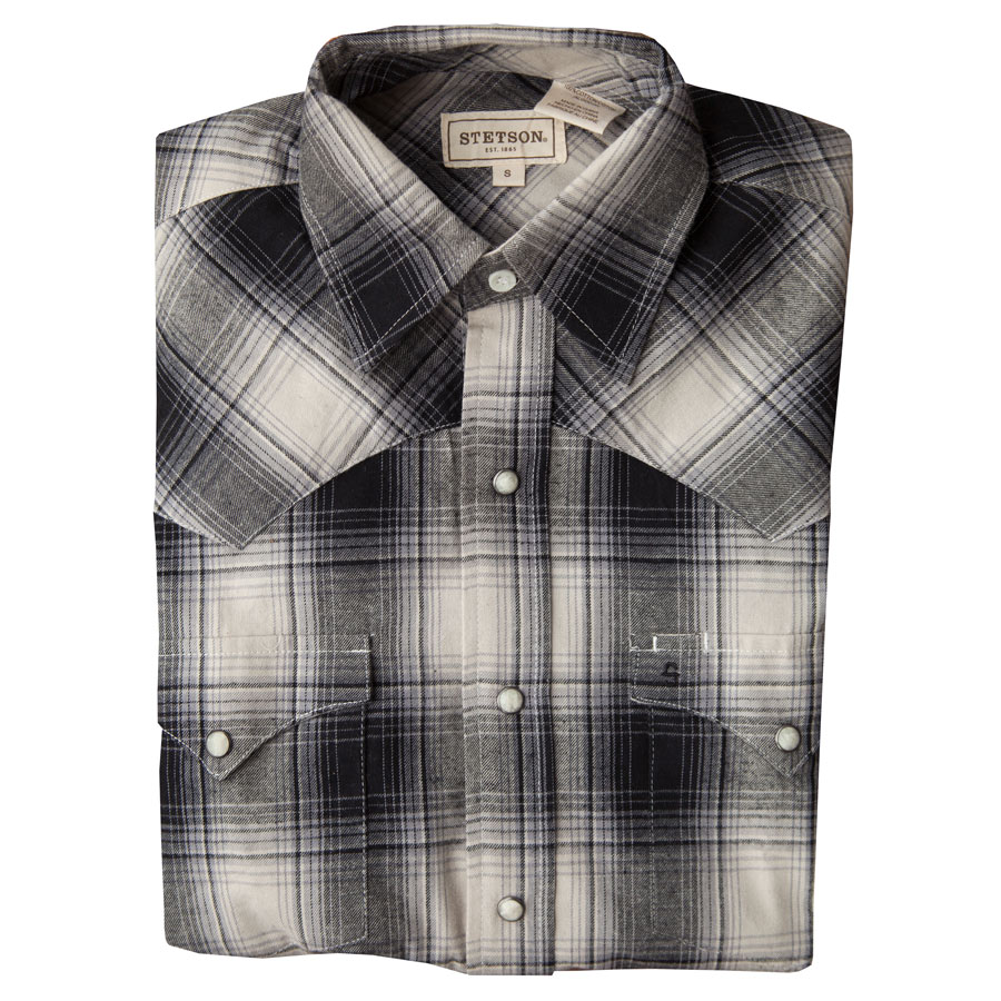 画像2: ステットソン フランネル ウエスタンシャツ（グレー・ブラック/長袖）大きいサイズ L（身幅約59cm）/Stetson Flannel Long Sleeve Western Shirt(Grey/Black Plaid)