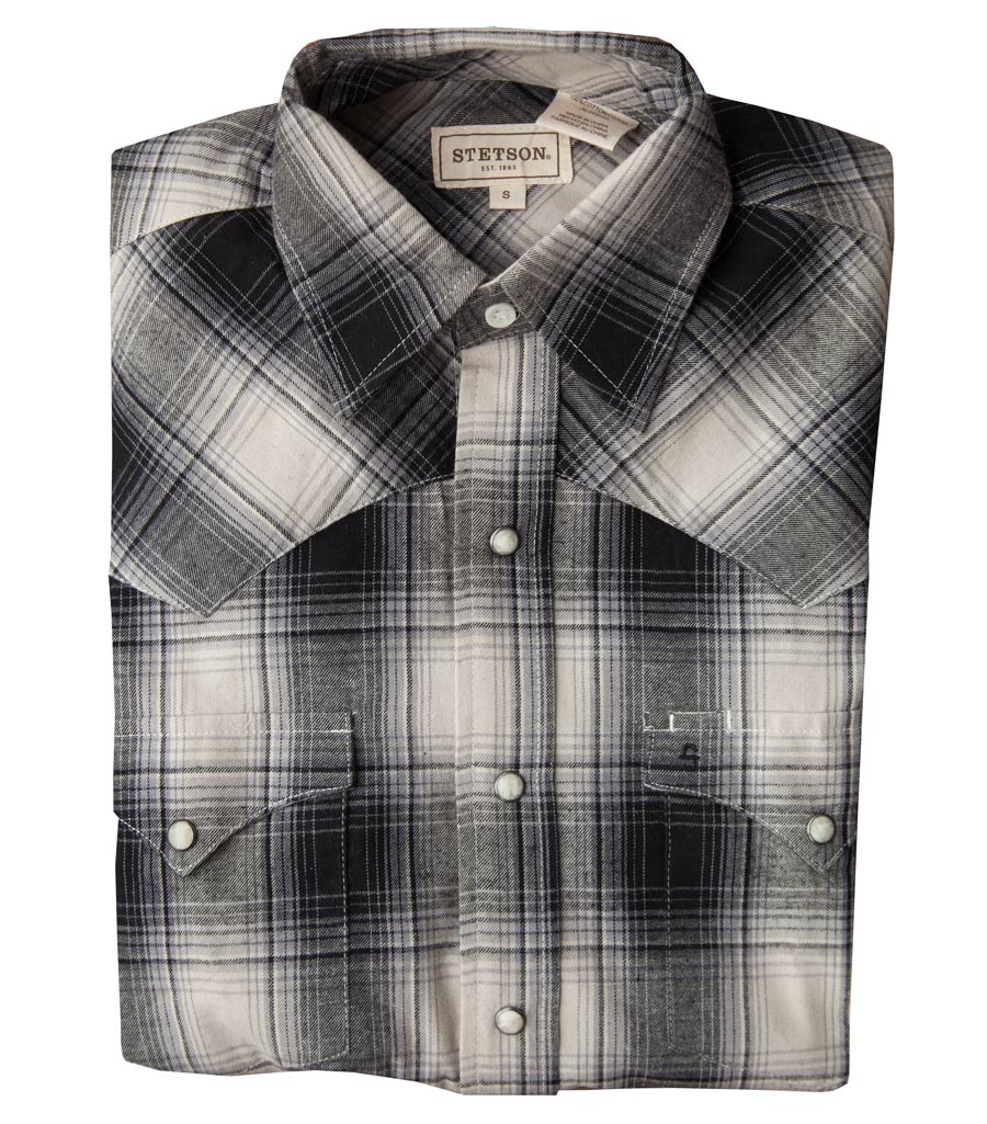 画像: ステットソン フランネル ウエスタンシャツ（グレー・ブラック/長袖）大きいサイズ L（身幅約59cm）/Stetson Flannel Long Sleeve Western Shirt(Grey/Black Plaid)