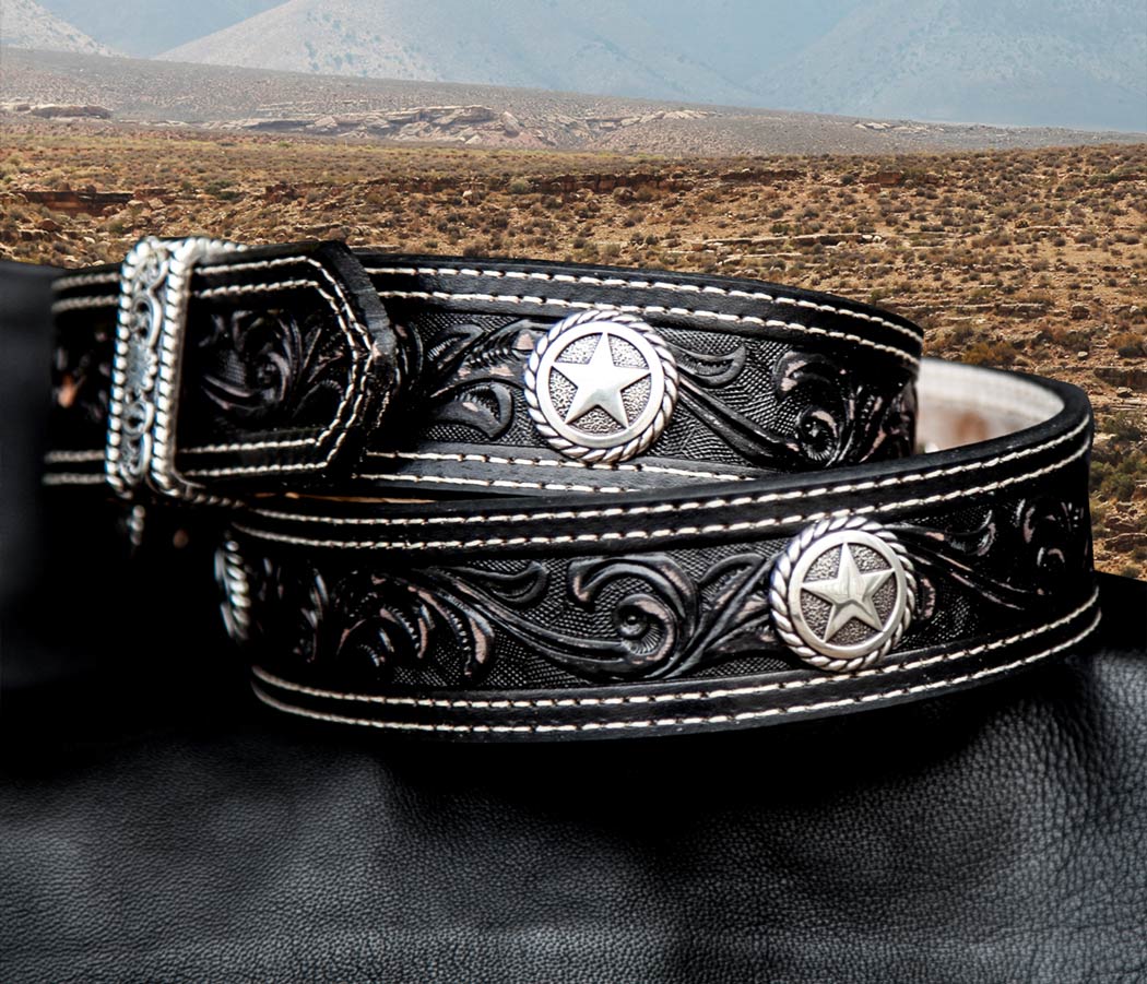 画像: ノコナ ウエスタンスターコンチョ フローラル レザーベルト（ブラック）/Nocona Western Belt(Black)