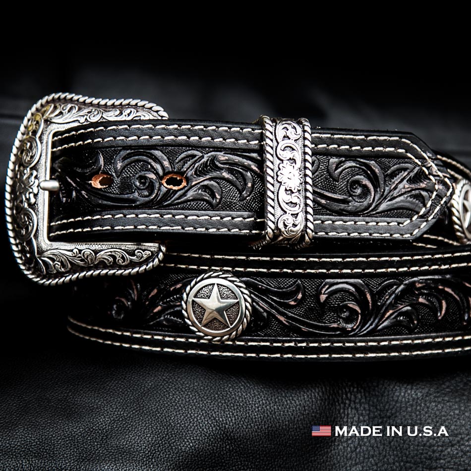 画像: ノコナ ウエスタンスターコンチョ フローラル レザーベルト（ブラック）/Nocona Western Belt(Black)