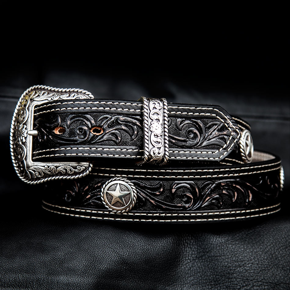 画像: ノコナ ウエスタンスターコンチョ フローラル レザーベルト（ブラック）/Nocona Western Belt(Black)