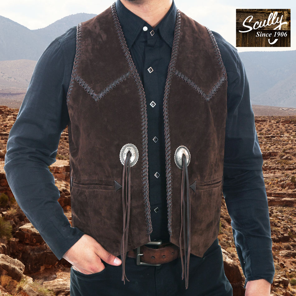 画像1: スカリー ハンドレース&コンチョ ウエスタン フリンジ レザー ベスト（ブラウン）/Scully Handlaced Concho Vest(Expresso)