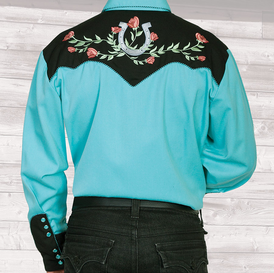 画像: スカリー ウエスタン 刺繍 シャツ ホースシュー・ローズ（長袖/ターコイズ・ブラック）/Scully Long Sleeve Horseshoe Rose Embroidered Western Shirt Turquoise Black(Men's)