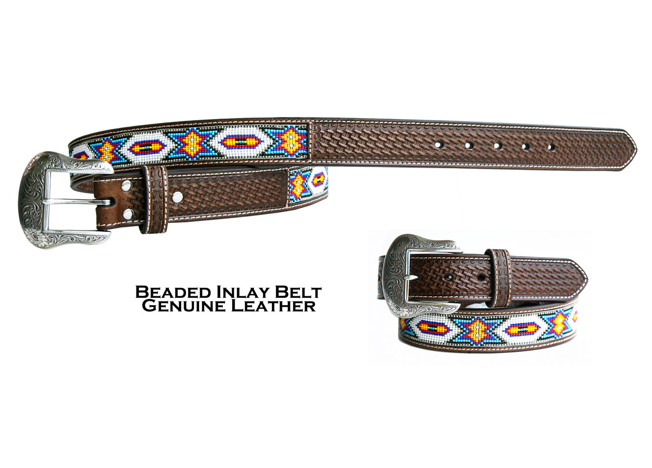 画像: ビーズ ウエスタン レザーベルト（ブラウン・ホワイト）/Nocona Beaded Western Leather Belt(Brown/White)