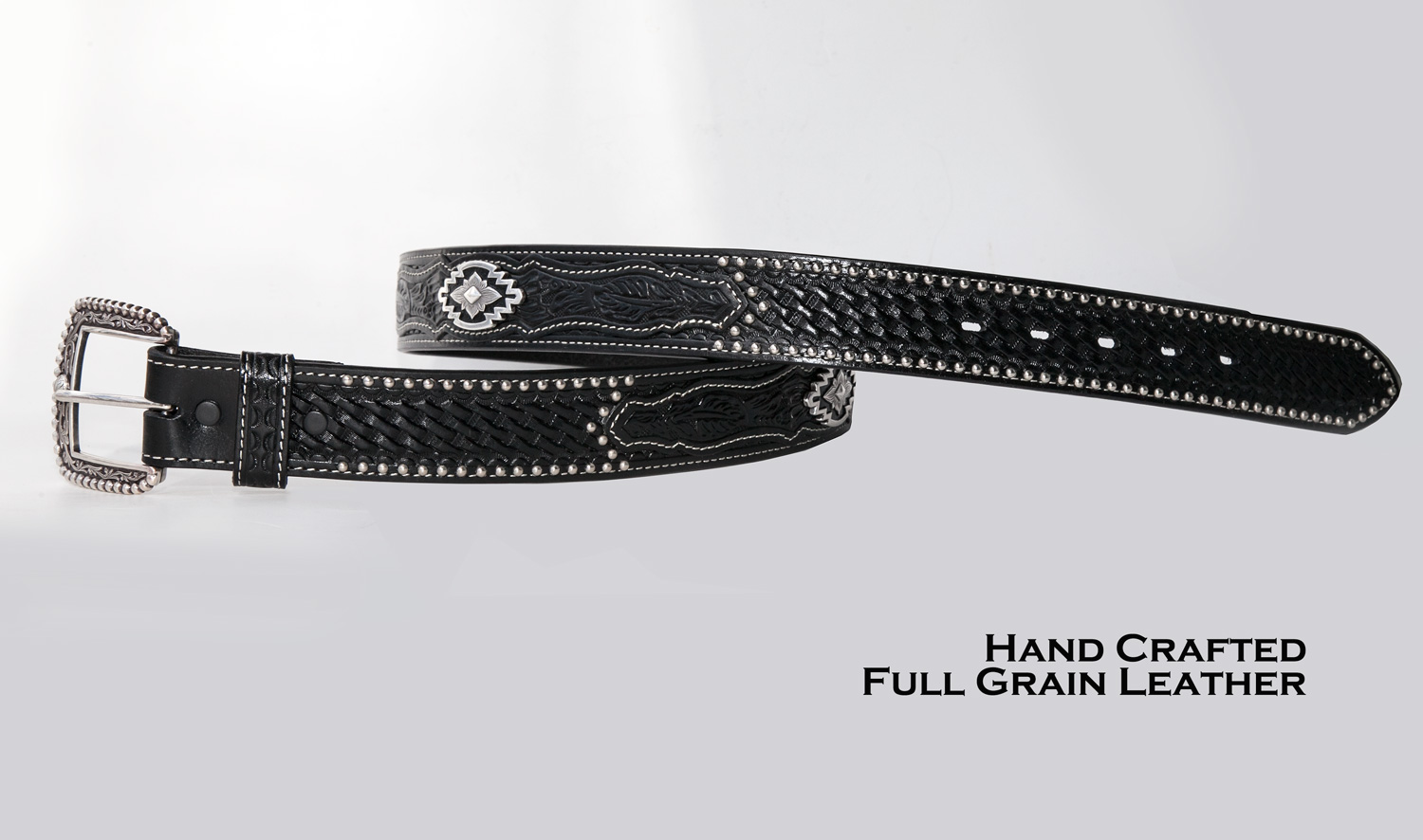 画像2: アリアット ウエスタン ベルト ハンドクラフト ブラックレザー &シルバー アズテックコンチョ/Ariat Western Leather Belt(Black/Silver)