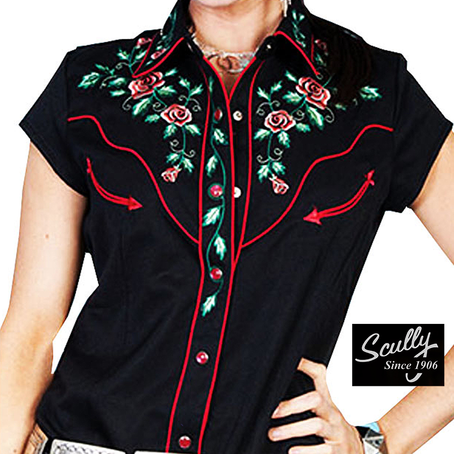 画像: スカリー ウエスタン 刺繍 シャツ ブラック キャップスリーブ/Scully Western Shirt(Women's)