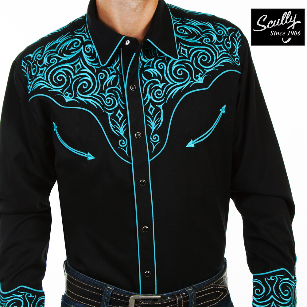 画像1: スカリー ウエスタン 刺繍 シャツ（長袖/ブラック・スクロールターコイズ）S/Scully Long Sleeve Embroidered Western Shirt(Men's)