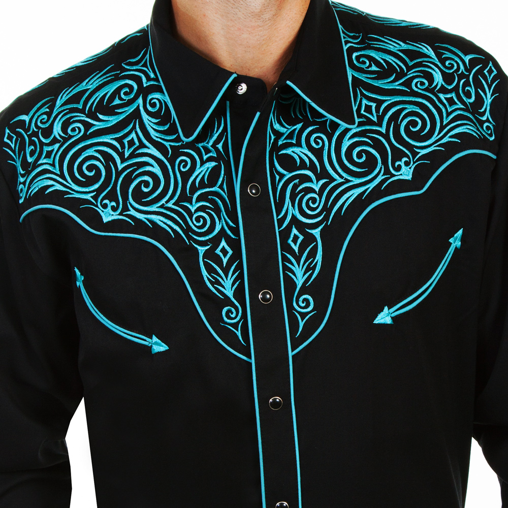画像2: スカリー ウエスタン 刺繍 シャツ（長袖/ブラック・スクロールターコイズ）S/Scully Long Sleeve Embroidered Western Shirt(Men's)