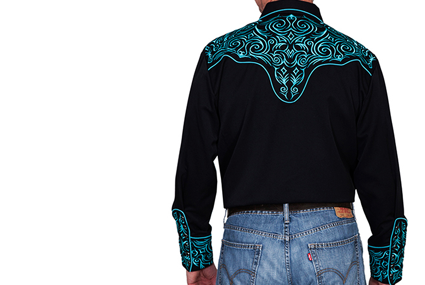 画像4: スカリー ウエスタン 刺繍 シャツ（長袖/ブラック・スクロールターコイズ）S/Scully Long Sleeve Embroidered Western Shirt(Men's)