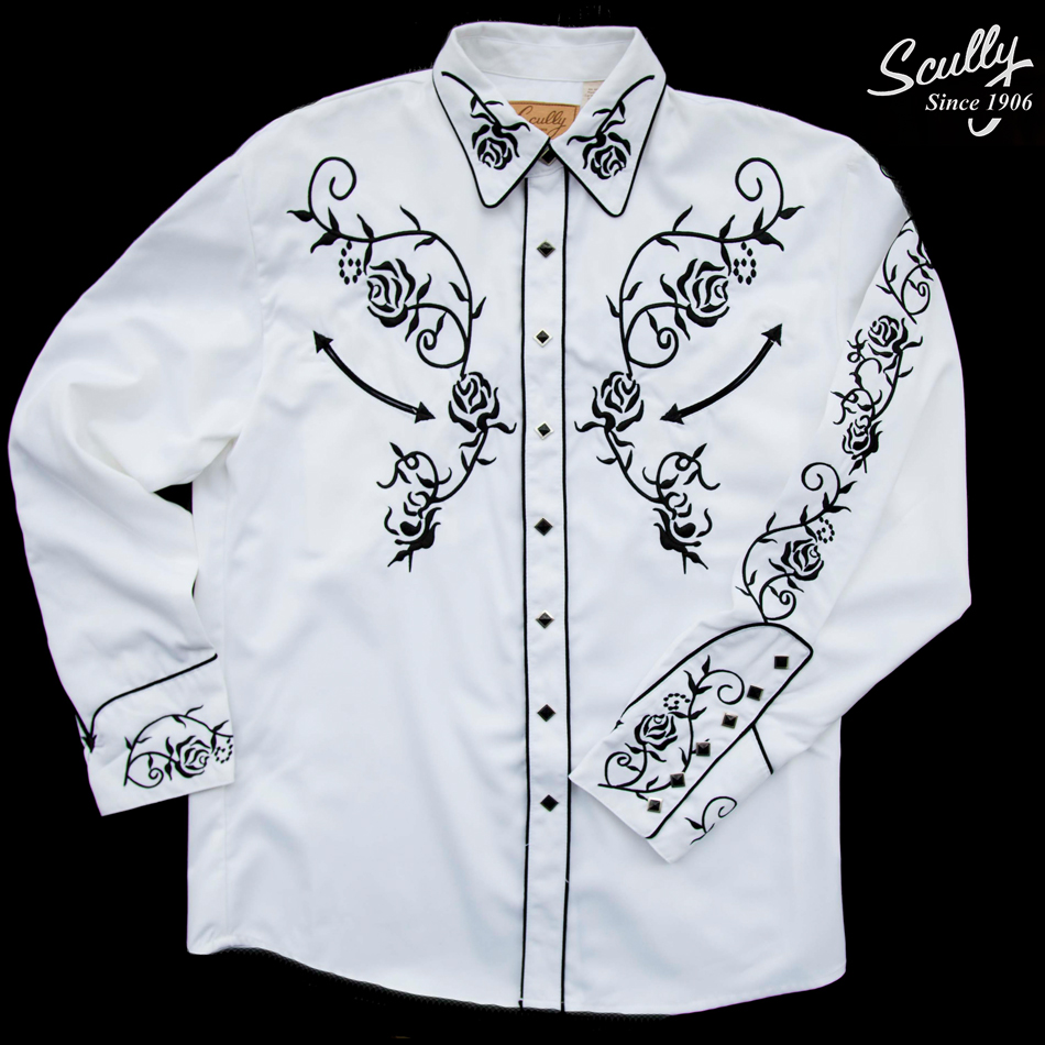画像1: スカリー ウエスタン 刺繍 シャツ（長袖/ホワイト・ブラック）/Scully Long Sleeve Embroidered Western Shirt