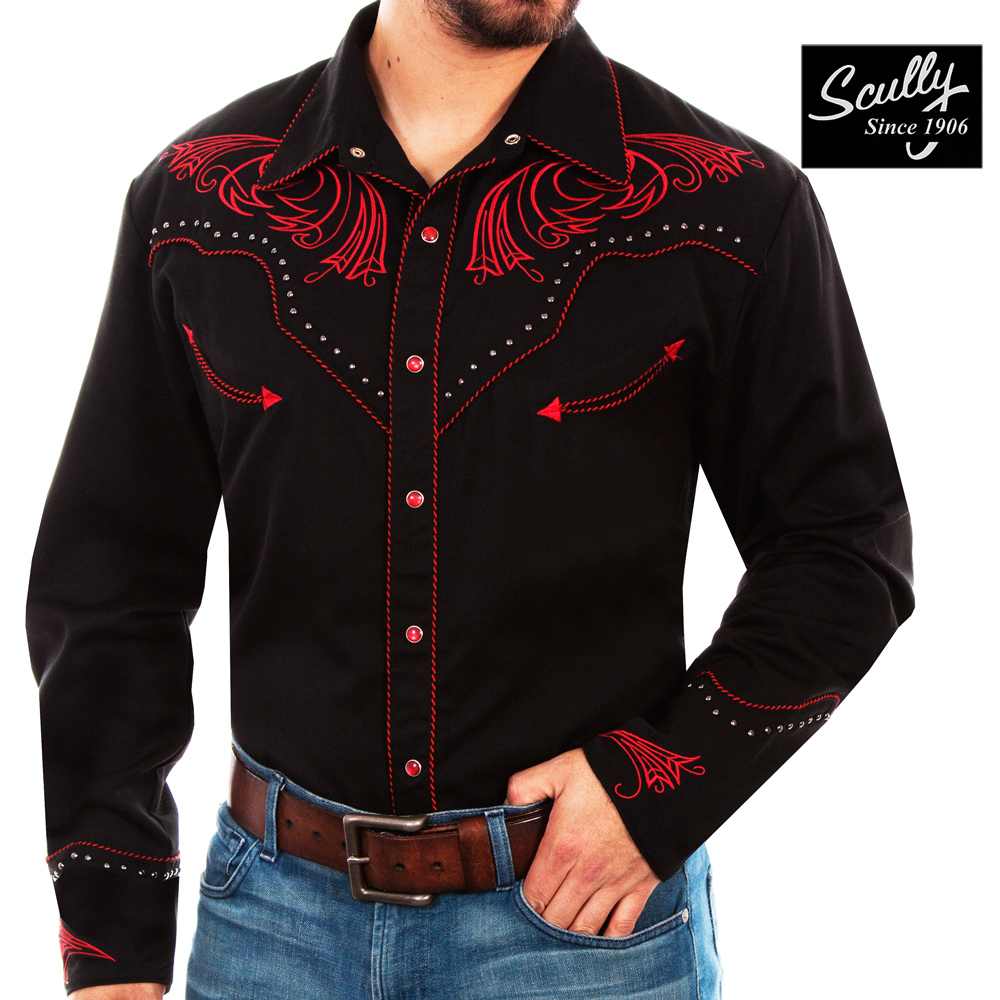 画像1: スカリー レッドスクロール刺繍・メタルスタッズ・キャンディケイン ウエスタン シャツ（長袖/ブラック・レッド）/Scully Long Sleeve Embroidered Western Shirt(Men's)